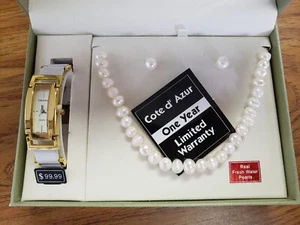 Cote d' Azur Watch Set With Fresh Water Pearl Necklace And Earrings Retail $99 - Picture 1 of 5