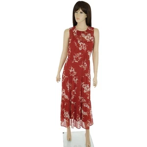 SIMPLY VERA WANG Women's SMALL Chiffon RED FLORAL Tiered MAXI DRESS Smocked Neck - Picture 1 of 12