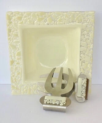 Mosaic Yellow Square Glass Salad Serving Set Bowl Tossers - Image 1 of 4