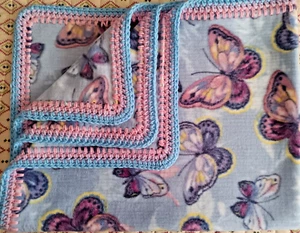 Fleece Baby Blanket Crochet Edge Butterflies - Picture 1 of 3