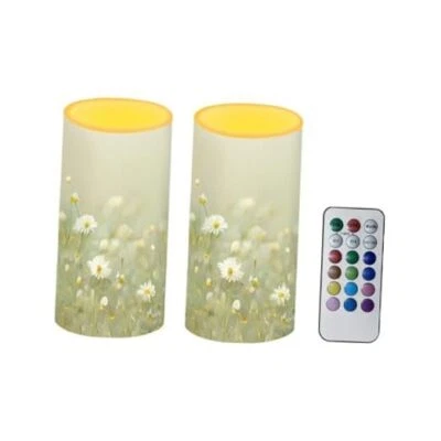 Velas a batería LED sin llama 2 piezas pilar parpadeante margarita floral verde Foto 1 de 4
