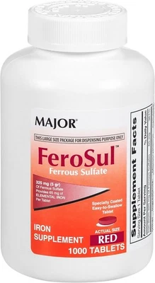 Major FeroSul 325 毫克硫酸亚铁补充剂 - 1000 片红色片 | Feosol — 第 1/3 张图片