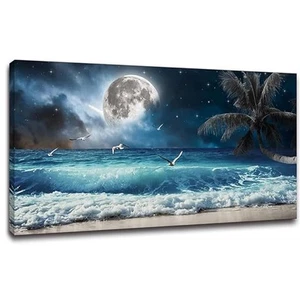 Moon Ocean Decor Beach Wall Art Seascape Painting Sea Canvas Poster Prints La... - Picture 1 of 7