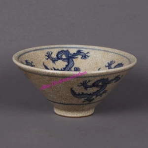 Chinese Antique Porcelain Blue and White Dragon Patterned Bamboo Hat Bowl - Picture 1 of 9