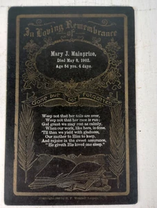 Antike Erinnerungsmedaille 1902 1898 Pappe 6,5" x 4,25" Mary J. Mainprize - Bild 1 von 4