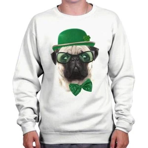 Funny St Patricks Day Cute Dog Pug Irish Womens Crewneck Sweatshirt Pullover - Picture 1 of 9