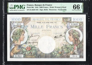 France 1000 Francs P96c 1944 PMG66 Gem UNC EPQ Banknote French BEAUTIFUL DESIGN - Picture 1 of 2