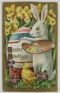 Pintura antropomórfica de conejo de Pascua con caballete 1911 felicitaciones postal PC2  - Imagen 1 de 2