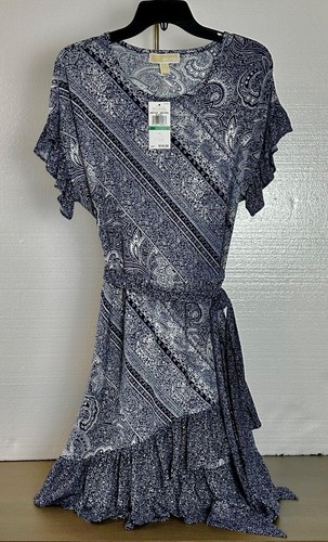 Abito donna Michael Kors blu navy bianco paisley manica corta grande nuovo con etichetta