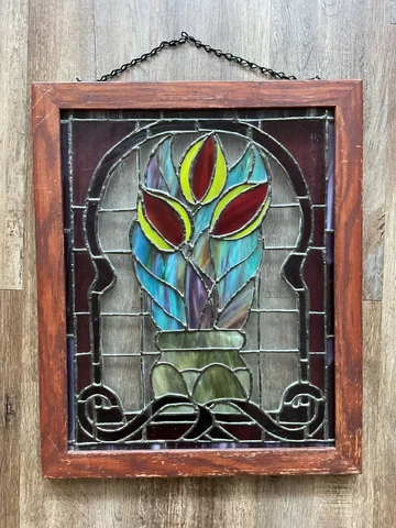 Vintage Stained Glass Window Hanging With Roses And Wood Frame 22x18.25 Cover