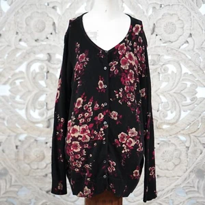 Croft & Barrow Cardigan Donna 1X Floreale Nero Rosso 100% Cotone Scollo a V - Foto 1 di 12