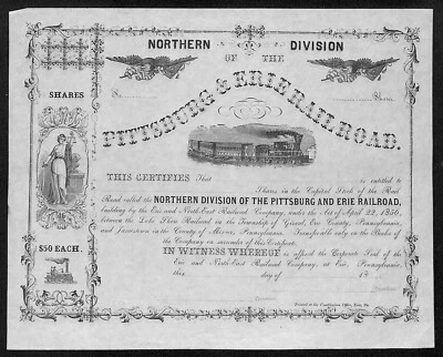 Certificado de stock Pittsburgh & Erie Railroad Northern Division c1856 en muy buena condición Foto 1 de 2