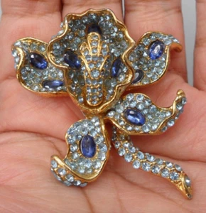 Vintage Cattleya Orchid Flower Brooch Pendant Rhinestone Cabochon Bijox Luck EUC - Picture 1 of 5