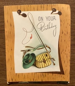 Tarjeta de felicitación de feliz cumpleaños vintage de los años 40 aparejos de caña de pescar caja equipo P1G - Imagen 1 de 12