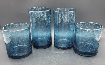 Artland Iris Slate Blue Highball & Low Ball Glasses Handblown w/ Trapped Bubbles - Image 1 of 4