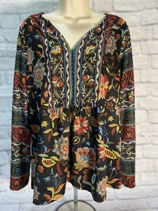 PASSPORTS Womens Tunic Top XL (16-18) Black Stylized Floral Contrast Yoke - Picture 1 of 7