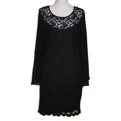 Vestido Connected Apparel para mujer talla 12 negro con superposición de encaje mangas de gasa elástico Foto 1 de 4