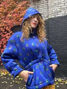 SILK PUFFER COAT Vintage 1980s Royal Blue Printed Silk Parka w Detachable Hood