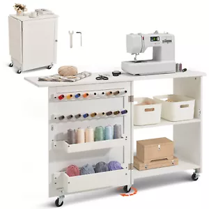 VEVOR Folding Sewing Table with Lockable Wheels Storage Shelves Trays Door White - Picture 1 of 12