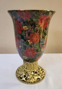 Vtg Christmas Poinsettia Planter Vase Footed Green Red Gold Ceramic MCM 10" - Picture 1 of 8
