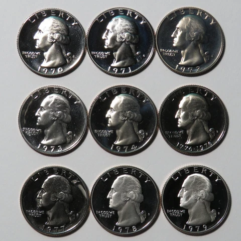 1970-1979 Proof Washington Quarters - 9 Coin Run - 1970s Decade Set Cover