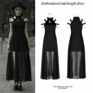 PUNK RAVE Damen Gothic unregelmäßig offene Gabel ärmellos Träger langes Kleid - Bild 1 von 12