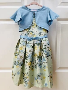 Bonnie Jean Size 5 Special Occasion Formal Green Blue Floral Dress Shrug Wedding - Picture 1 of 15