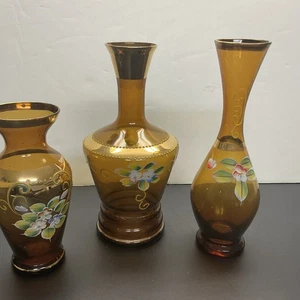 3 pcs Vintage Bohemian Amber Glass Bud Vases 8” & 6”Hand Painted Lot Of 3 - Picture 1 of 9