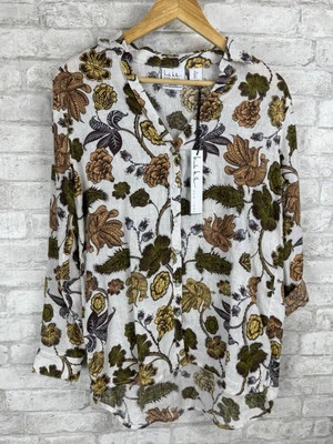 New Nicole Miller 100% Linen European Flax Button Down Shirt Neutral Floral S - Image 1 of 4