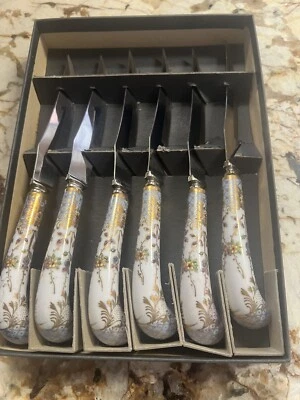 SHEFFIELD 10 CUCHILLOS PARA CARNE CON ASAS DE PORCELANA DECORADAS A MANO, EN CAJA, INGLATERRA Foto 1 de 4