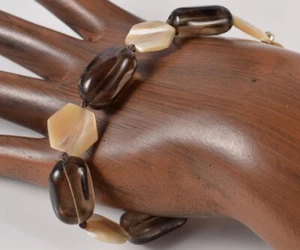 7-3/4" Smoky Quartz & White Mother of Pearl Sterling Silver 925 Beaded Bracelet - Picture 1 of 9