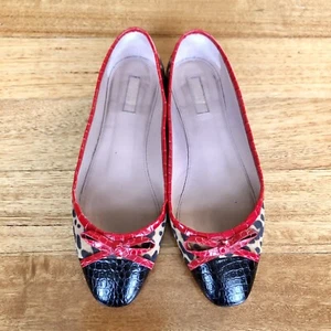 Aquazzura Leopard Print Suede & Red Leather Ballet Flats W/ Bow, Size 39.5 EU - Picture 1 of 7