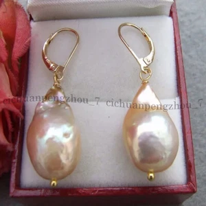 Huge 14x21mm South Sea Pink Purple Kehsi Baroque Pearl Leverback Dangle Earrings - Picture 1 of 6