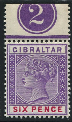Gibraltar 1898 QV 6d. violet and red SG 44 Mint Never Hinged MNH Plate number - Image 1 of 2