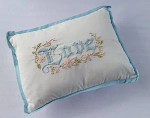 Hand Embroidered Boho Shabby Chic Cottage Pastels Love Throw Decor Pillow 11x16" - Picture 1 of 6