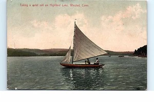 1908 Postcard Taking a Quiet sail on Highland Lake Winsted CT Conn Sailboat - Picture 1 of 1