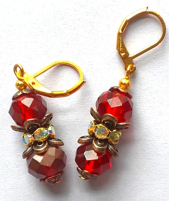 Brinco facetado CRISTAL VERMELHO cobre e ouro PL DROP LEVERBACK feito à mão #N25 - Imagem 1 de 4