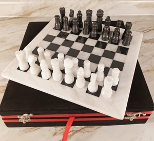 12" Marble Chess set, gift storage box, black & white handmade Christmas Gift - Picture 1 of 20