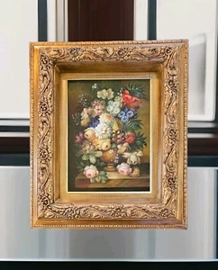 Huber-Mix Flowers: Oil On Board- Ornate Frame-Painting; By Timeless Treasures - Picture 1 of 18