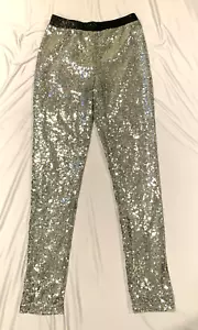 New WANHAO Fashion Sequin Sparkly Pants Leggings Women M Silver Party Mid Rise - Picture 1 of 11