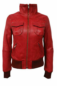 Classic Women Authentic Red Lambskin Leather Jacket Slim Fit Bomber Jacket