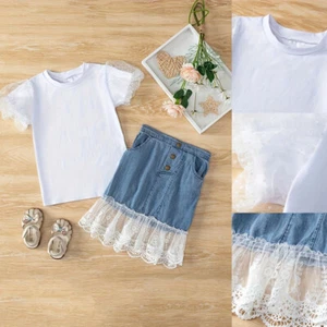 Toddler Baby Girl Kids Skirts Outfit Short Sleeve Top + Lace Denim Skirt Set - Picture 1 of 8