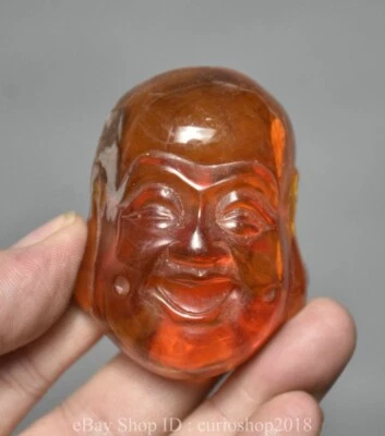 2.6 " China Red Amber Carved Buddhism Happy Laugh Maitreya Buddha Head Statue - Image 1 of 4