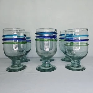 Mexican Swirl Wine Water Goblet Set of 6 Hand Blown Glass Blue Green Cobalt VTG - Picture 1 of 13