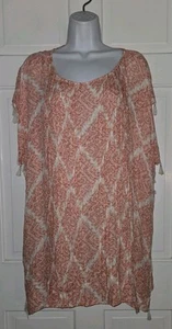 CHICOS Orange Red Patterned Tassel Scoop Neck Poncho Tunic Coverup Top S M - Picture 1 of 7