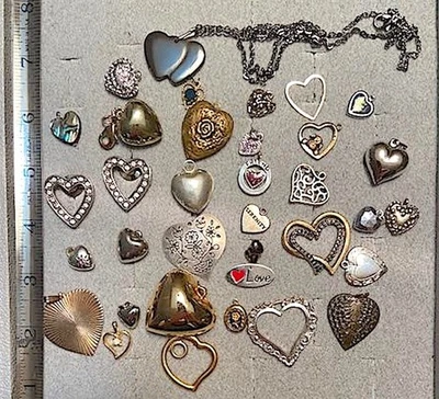 LARGE LOT VINTAGE TO NOW HEART PENDANTS LOCKETS EARRINGS ABALONE JUICY COUTURE - Image 1 of 4