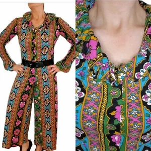 Retro Jumpsuit Cropped Floral Paisley Medium Soft Collar Bright VTG 70s - Picture 1 of 10