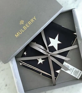 New in box MULBERRY London 100% Silk Star Navy Square Logo print scarf - Picture 1 of 11