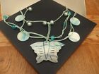 VINTAGE 90'S BLUE MOTHER OF PEARL BUTTERFLY FRINGE NECKLACE