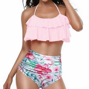 Ruched Floral Bottoms Ruffle Halter Top 2 Piece Bikini Plus Size Swimwear 2XL - Picture 1 of 4